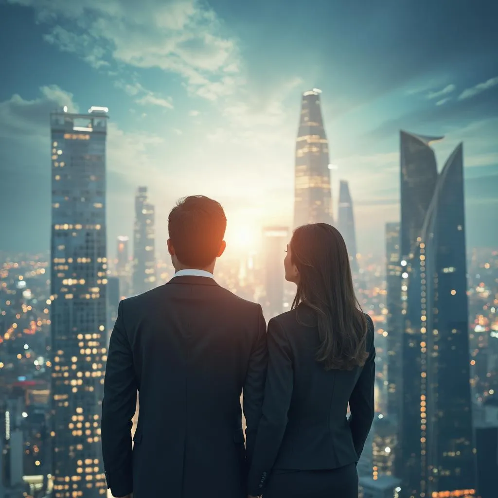 Professionnels regardant vers l'horizon symbolisant la vision future